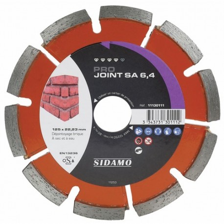 Disque diamant à déjointoyer PRO JOINT SD D. 125 x Ep. 6,4 x 22,23 x H 7 mm Joint de brique - 11130111 - Sidamo Disque diamant à déjointoyer PRO JOINT SD D. 125 x Ep. 6,4 x 22,23 x H 7 mm Joint de brique - 11130111 - Sidamo