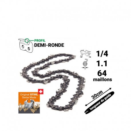 Chaîne Stihl demi-ronde 1/4 P : 1.1 - 64 entraîneurs pour 30cm 3670-000-0064 Chaîne Stihl demi-ronde 1/4 P : 1.1 - 64 entraîneurs pour 30cm 3670-000-0064