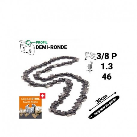Chaîne Stihl demi-ronde 1/4 P : 1.1 - 64 entraîneurs pour 30cm 3670-000-0064 Chaîne Stihl demi-ronde 1/4 P : 1.1 - 64 entraîneurs pour 30cm 3670-000-0064